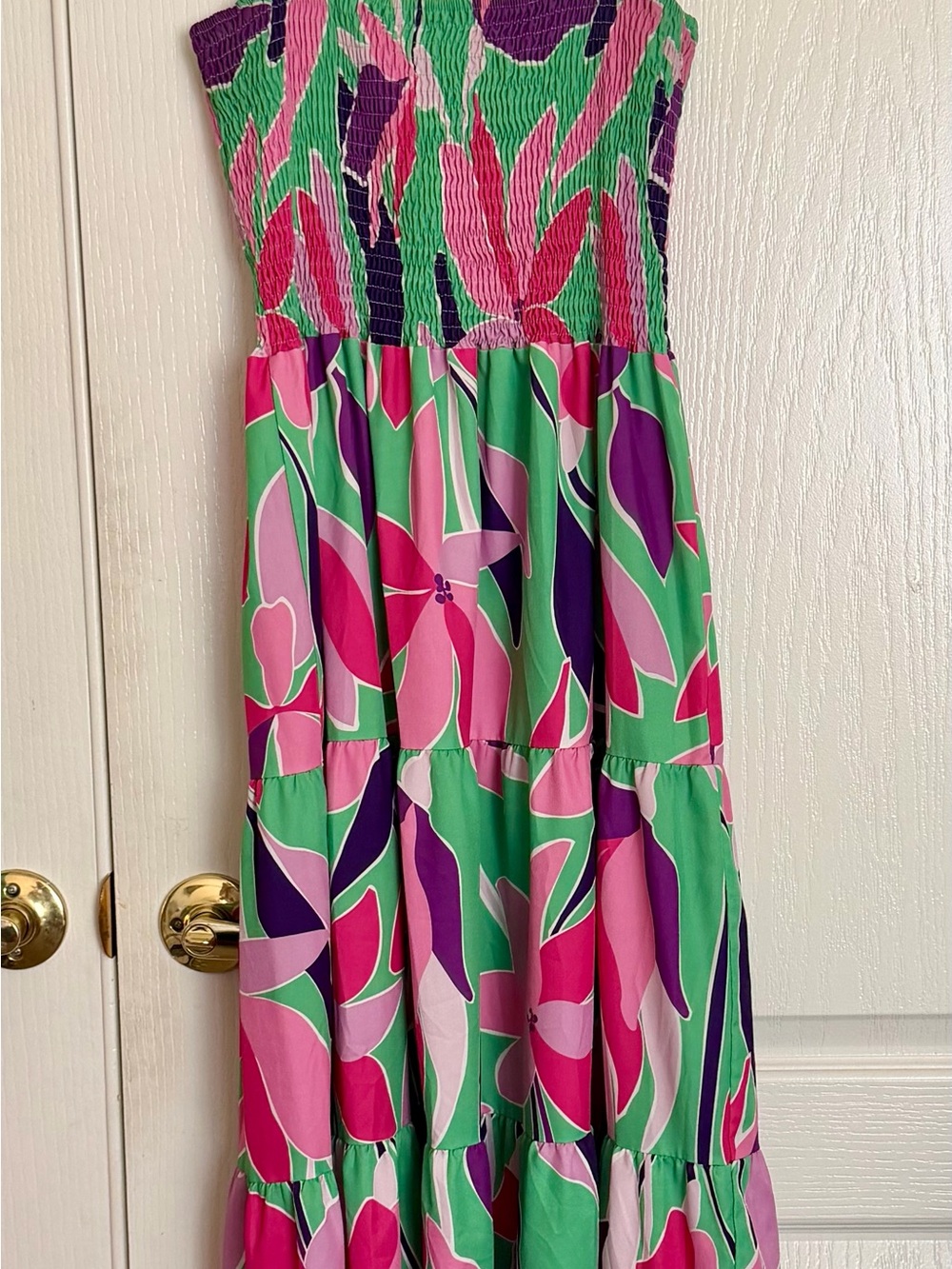 Tropical Floral Smocked Maxi Dress Green Pink Purple Tie Strap Resort Beach